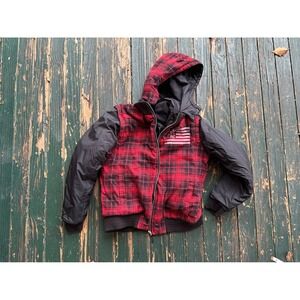 Affliction Black Premium Reversible Plaid Skull Bomber Jacket Hooded Mens Red L